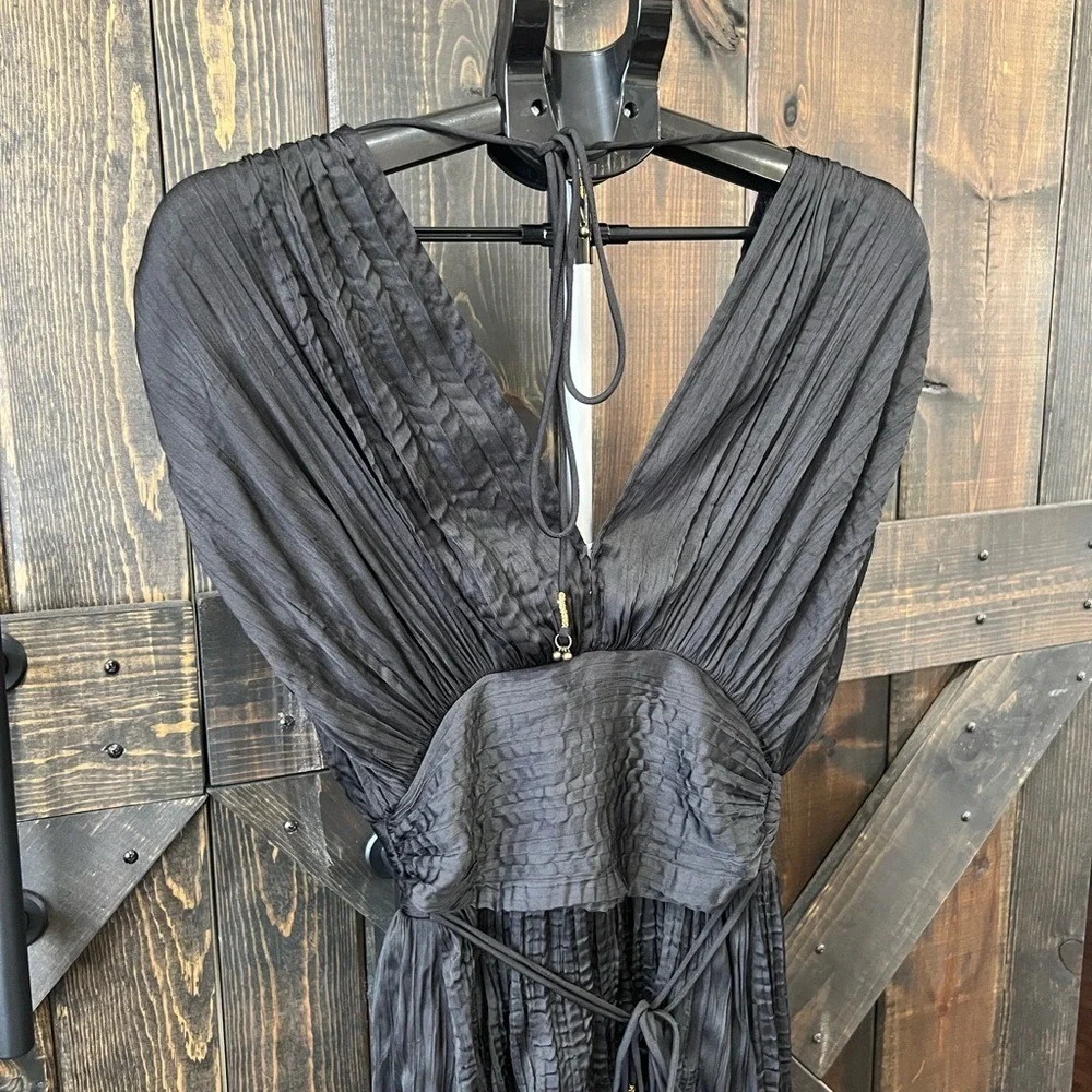 Free People Bonnie‎ Mini Dress Size XS Black Textured Flowy Boho Tie Back